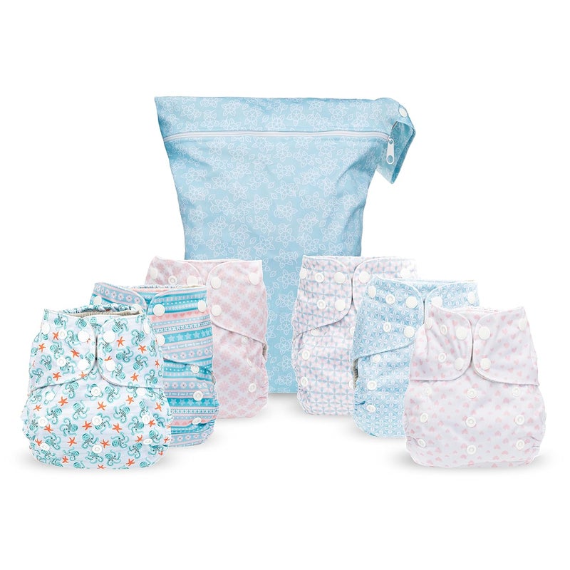 Simple Being Reusable Cloth Diapers, Double Gusset, One Size Adjustable, Washable Soft Absorbent, Waterproof Cover, Eco-Friendly Unisex Baby Girl Boy, six 4-Layers Microfiber Inserts (Stripes) - Image 1