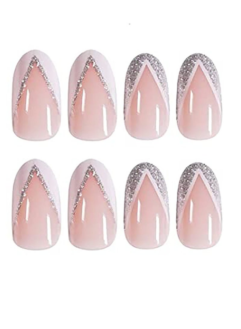 Generic Nail Patches Silver Side StyleFake Nails Short Press on Nails Square Crystal False Nails Prom Nails Full Cover Nails Tips 24pcs for Women and Girls et Shipped Without Glue - Image 1