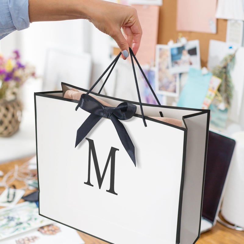 QLSKO Monogrammed Gift Wrap Bag Personalized Initial Paper Bag with Card Matching Envelope Sticker,Bow Ribbon and Wrapping Tissue Birthday Gifts for Women Men (White, M-Medium) - Image 4