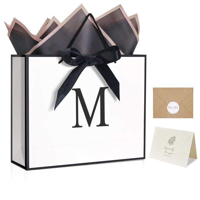 QLSKO Monogrammed Gift Wrap Bag Personalized Initial Paper Bag with Card Matching Envelope Sticker,Bow Ribbon and Wrapping Tissue Birthday Gifts for Women Men (White, M-Medium) - Image 1