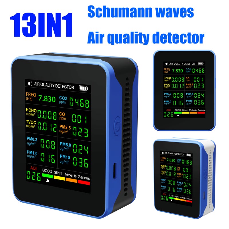 13 In 1 Schumann Waves Air Quality Monitor With 7 83Hz Ultra Low Frequency Pulse Wave CO2 PM2 5 PM10 PM1 0 PM0 3 PM5 0 HCHO TVOC AQI And CO Rechargeable Battery USB Powered For Home Travel Office And Indoor Use Black Blue - Image 5