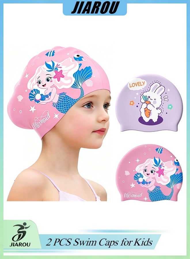 JIAROU 2 Pieces Swim Caps for Kids Girls Toddler Unicorn Silicone Swimming Hat Age 2-14 Waterproof Unisex Bathing Cap for Long and Short Hair Children - Image 1
