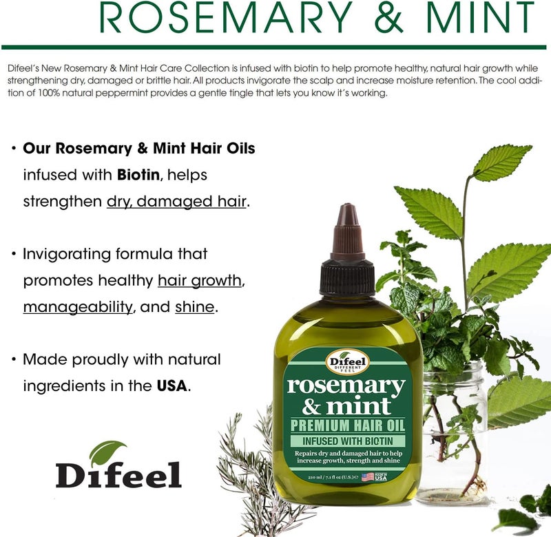 difeel Rosemary and Mint Premium Hair Oil with Biotin 7.1 oz. (PACK OF 2) - Made with Natural Mint & Rosemary Oil for Hair Growth - Image 2