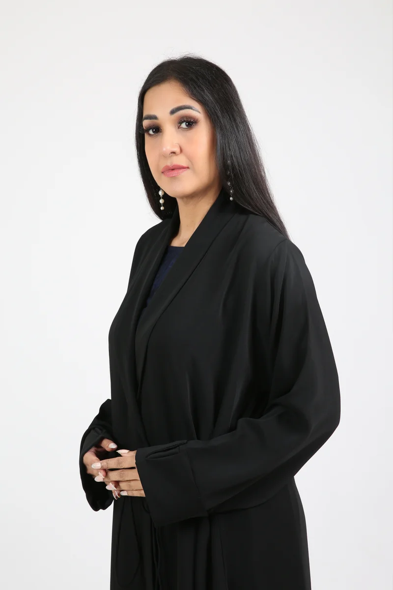 Nikias  Overlap abaya on black crepe fabric with loop design on sleeves and front for Women | Best Price UAE