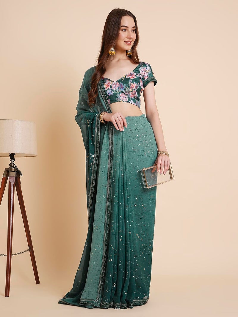 RATAN Women's Georgette Tie-Dye Saree with Printed Blouse Piece (OMB-BP-21909_Turquoise) - Image 4