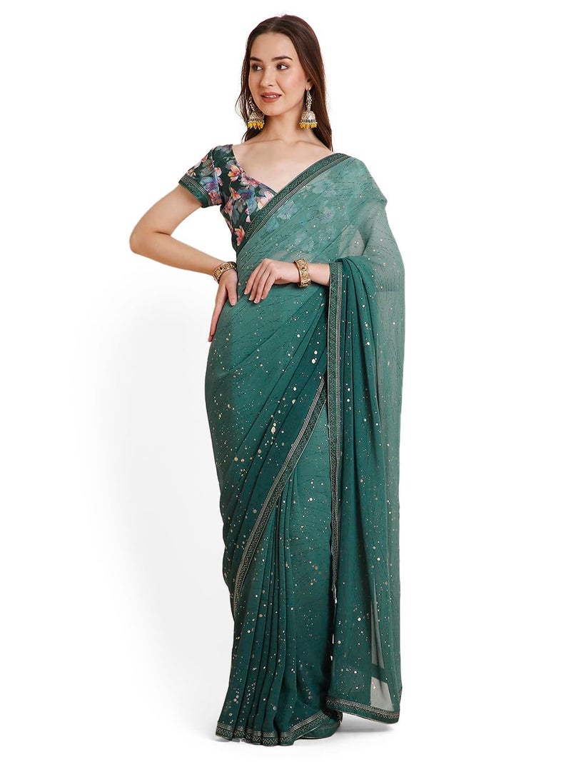 RATAN Women's Georgette Tie-Dye Saree with Printed Blouse Piece (OMB-BP-21909_Turquoise) - Image 1