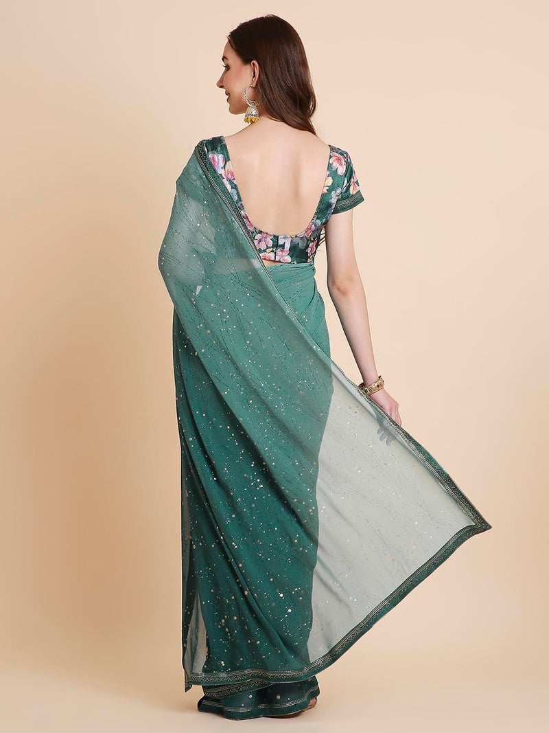 RATAN Women's Georgette Tie-Dye Saree with Printed Blouse Piece (OMB-BP-21909_Turquoise) - Image 2