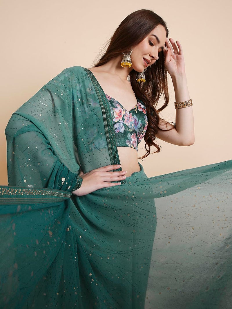 RATAN Women's Georgette Tie-Dye Saree with Printed Blouse Piece (OMB-BP-21909_Turquoise) - Image 3