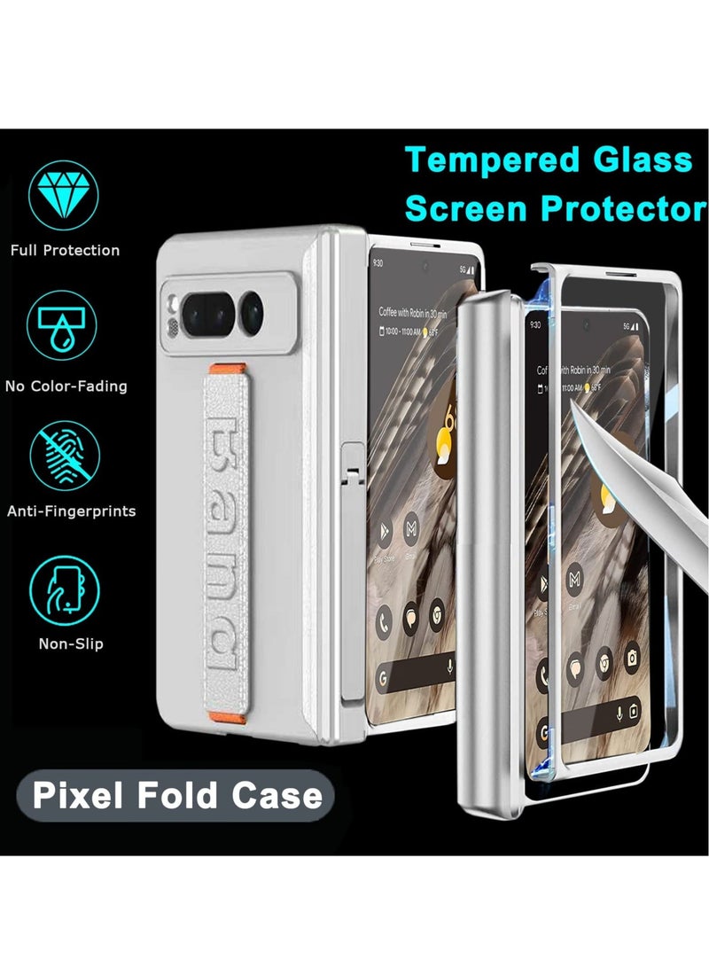 Captaintech Compatible for Google Pixel Fold Phone Case, Magnetic Case with Screen Protector & Hand Strap, Silver Heavy Duty Shock-Absorption Hard Matte Cover, With Built-In Stand, for Pixel Fold Case - Image 2