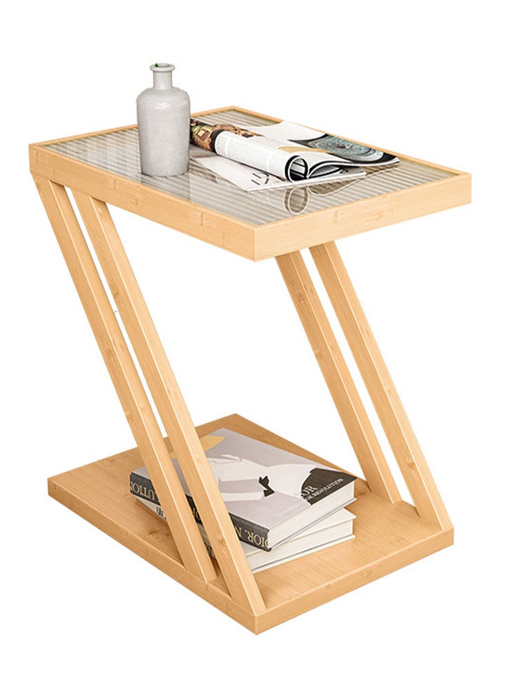Perfii Z-Frame Glass Top Side Wood Table with Storage and Compact Design - Image 1