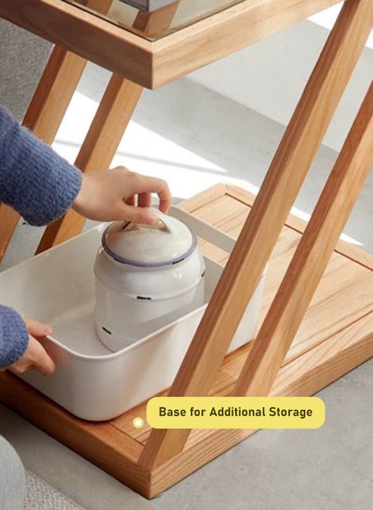 Perfii Z-Frame Glass Top Side Wood Table with Storage and Compact Design - Image 2