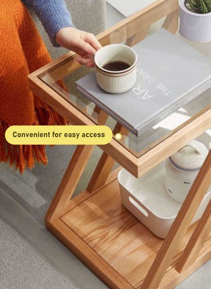 Perfii Z-Frame Glass Top Side Wood Table with Storage and Compact Design - Image 5