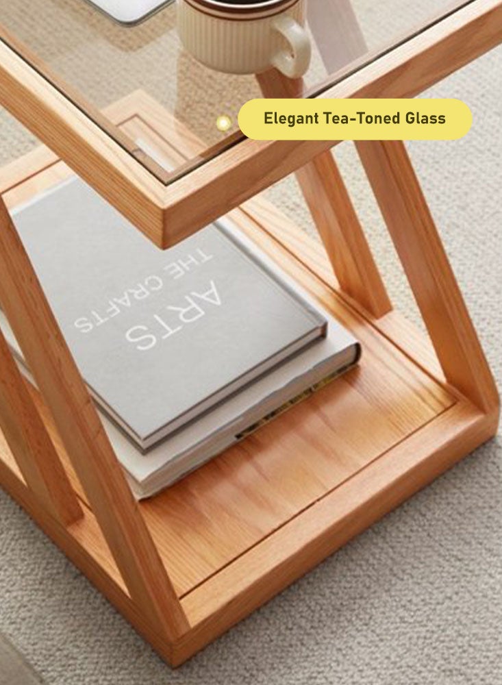 Perfii Z-Frame Glass Top Side Wood Table with Storage and Compact Design - Image 4