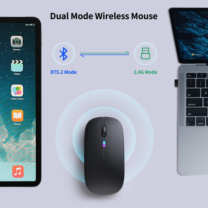 KANMABPC Wireless Bluetooth Mouse, Rechargeable LED Dual Mode Mouse (Bluetooth 5.2 and USB Receiver) Portable Silent Mouse,for Laptop/Desktop/Tablet (Black) - Image 4