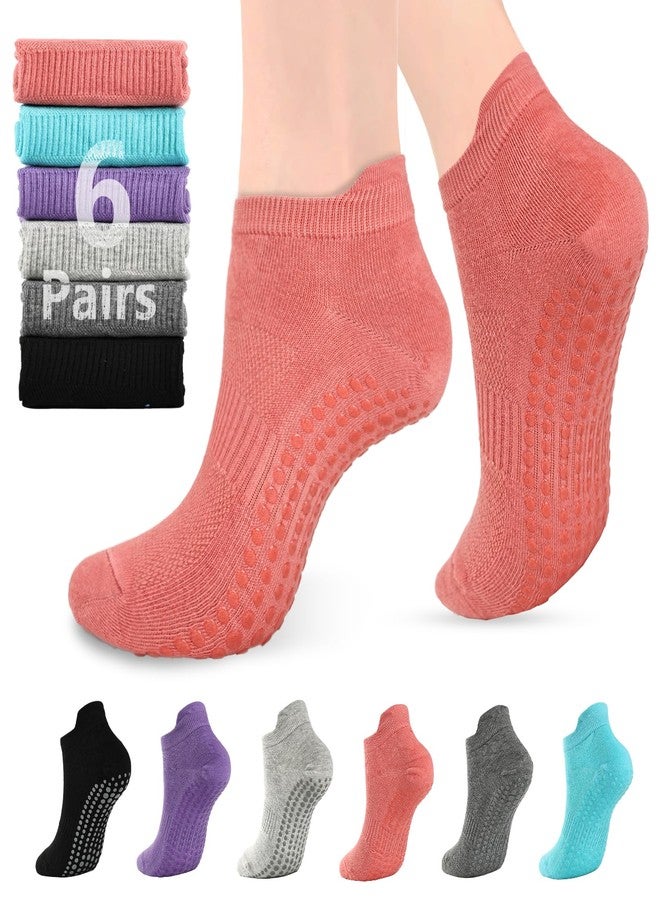 Socksy 6 Pairs Moisture Wicking Non Slip Soft Cotton Pilates Slipper Socks with Grips for Women - Supportive Workout Yoga Barre Hospital Barefoot Gym Athletic Grippy No Slip Thin Ankle Ladies Socks - Image 1