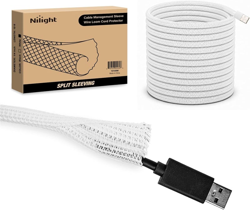 Nilight Cable Sleeve,10ft-1/4inch Cable Management Sleeves, Braided Cable Sleeving, Split Self Wrapping Wire Loom for Computer Cable Electrical Wire Automotive Harness Protector Organizer, White - Image 1