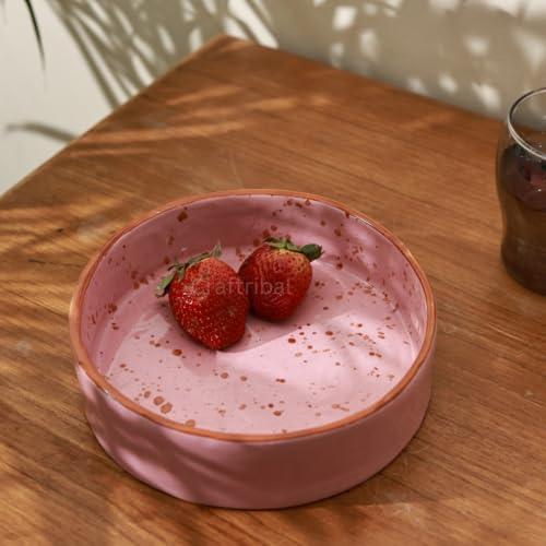 Craftribal Premium 800 ml Ceramic Pasta Bowl Set of 2|Glossy Glazed Finish|Pasta Serving Plate|Flat Bowl Set|Salad Bowl|Microwave, Oven Safe|Serving Bowl Set|Pink with Brown Rim - Image 2