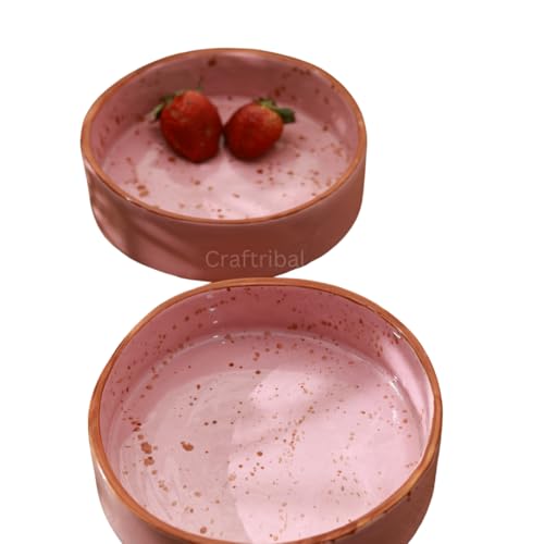 Craftribal Premium 800 ml Ceramic Pasta Bowl Set of 2|Glossy Glazed Finish|Pasta Serving Plate|Flat Bowl Set|Salad Bowl|Microwave, Oven Safe|Serving Bowl Set|Pink with Brown Rim - Image 4