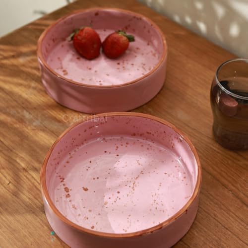 Craftribal Premium 800 ml Ceramic Pasta Bowl Set of 2|Glossy Glazed Finish|Pasta Serving Plate|Flat Bowl Set|Salad Bowl|Microwave, Oven Safe|Serving Bowl Set|Pink with Brown Rim - Image 1