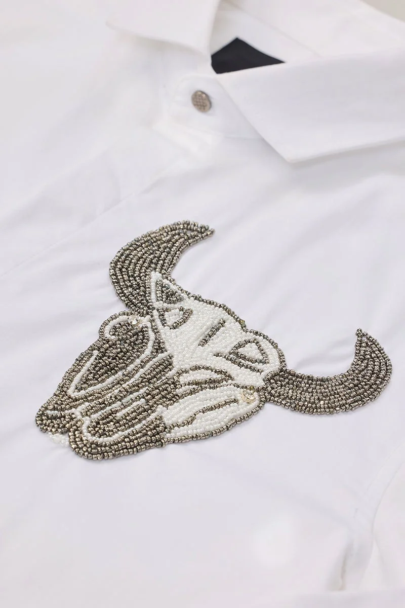 SNITCH White Embellished Long Sleeve Slim Fit Formal Luxe Shirt