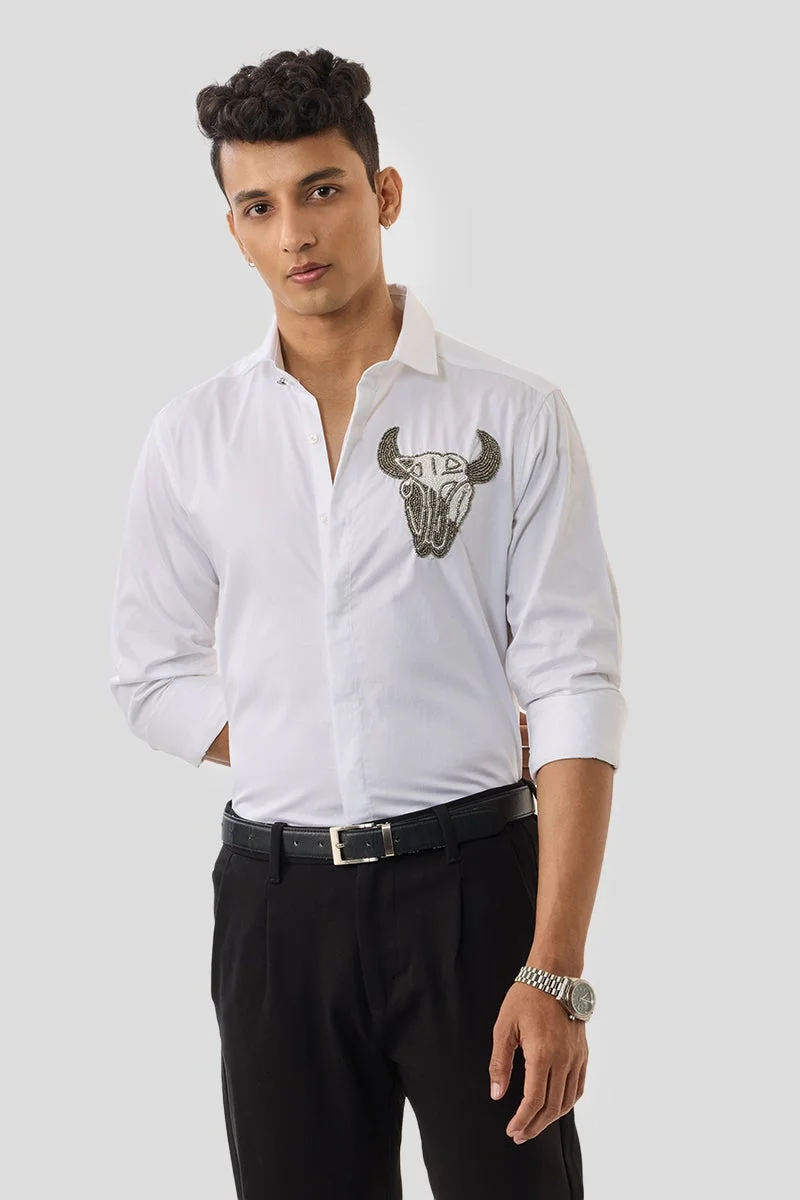 SNITCH White Embellished Long Sleeve Slim Fit Formal Luxe Shirt