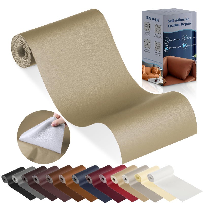 YAFLC Leather Repair Patch for Furniture, 4" x 63" Self Adhesive Leather Repair Kit Vinyl Repair Tape for Car Seat Sofa Jackets Couches Chair Medium Beige - Image 1
