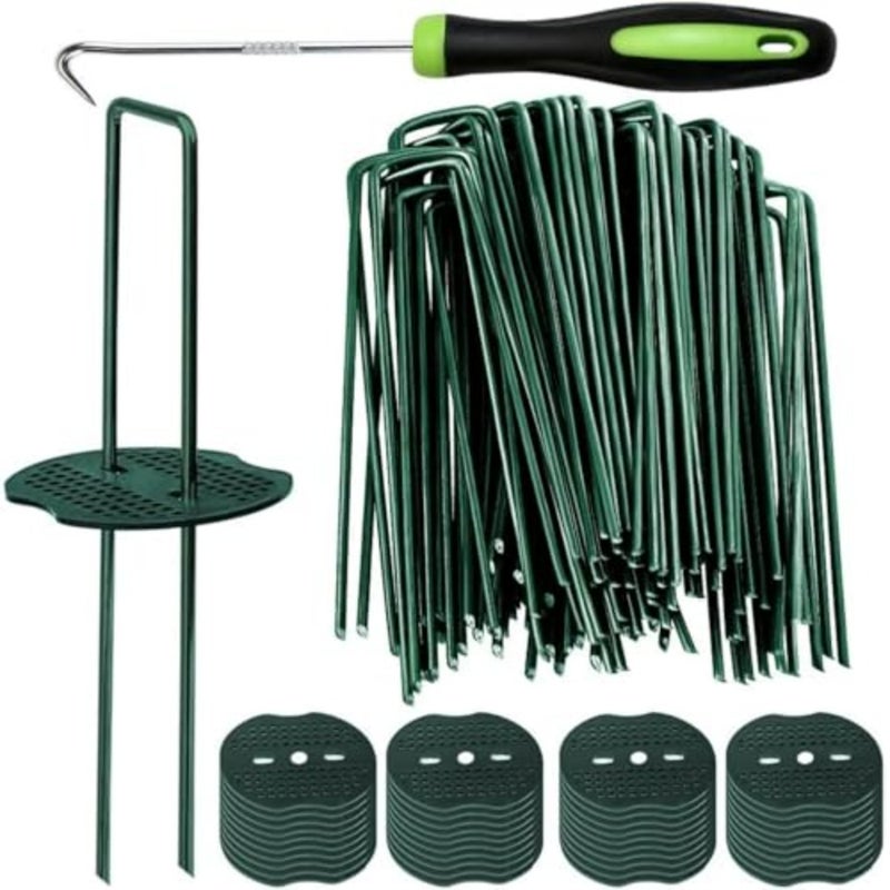 Garden Stakes Staples Lawn Landscape Weed Barrier Installation Galvanized Steel 50 Pack 6 Inch U Shaped Heavy Duty Ground Pins with 50 Gaskets - Image 1