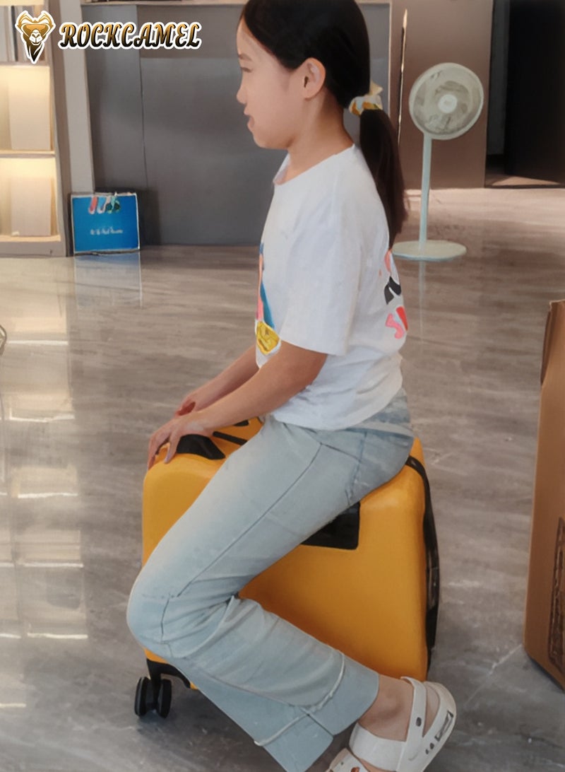 ROCKCAMEL 2PCS Kids Ride-On Suitcase, 20 Inch Carry-On Luggage with Cup Holder, Smooth Silent Wheels, Telescopic Handle, U-Shaped Seat, Password Lock, Unique Design, ABS Hardshell Case for Airport School (Orange) - Image 3