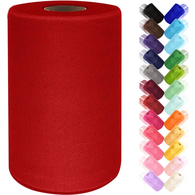 Ableme Deco Red Tulle Fabric Roll 6 Inch by 100 Yards (300 ft) Tulle Ribbon Sheer Mesh Netting for DIY Tutu Skirt Gift Wrapping Wedding Baby Shower Birthday Halloween Party Decorations Crafts, 34 Colors (Red) - Image 1