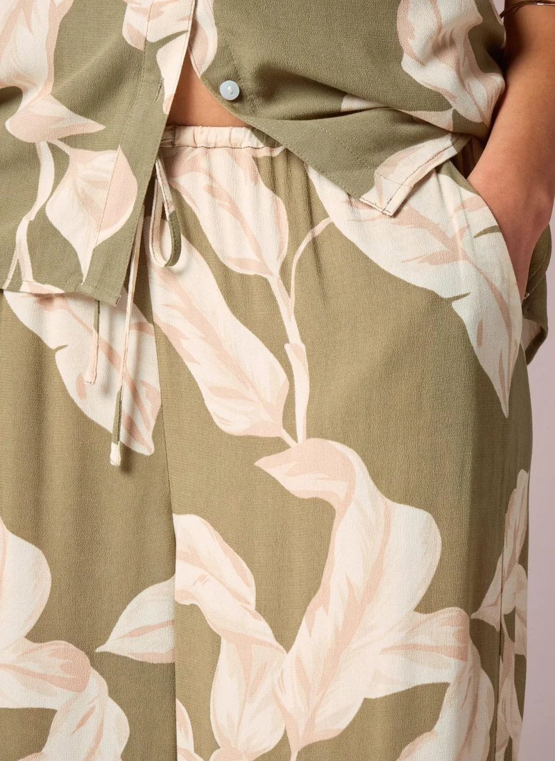 Matalan Et Vous Khaki Co Ord Leaf Print Wide Leg Trousers
