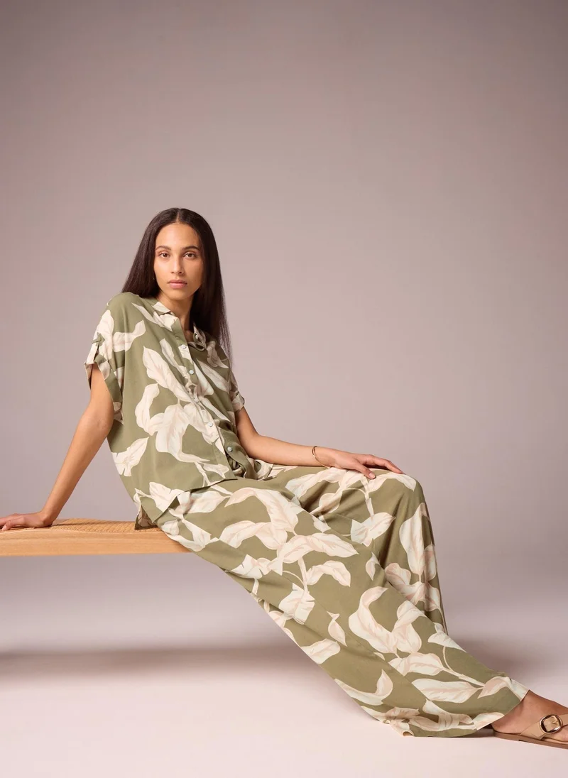 Matalan Et Vous Khaki Co Ord Leaf Print Wide Leg Trousers