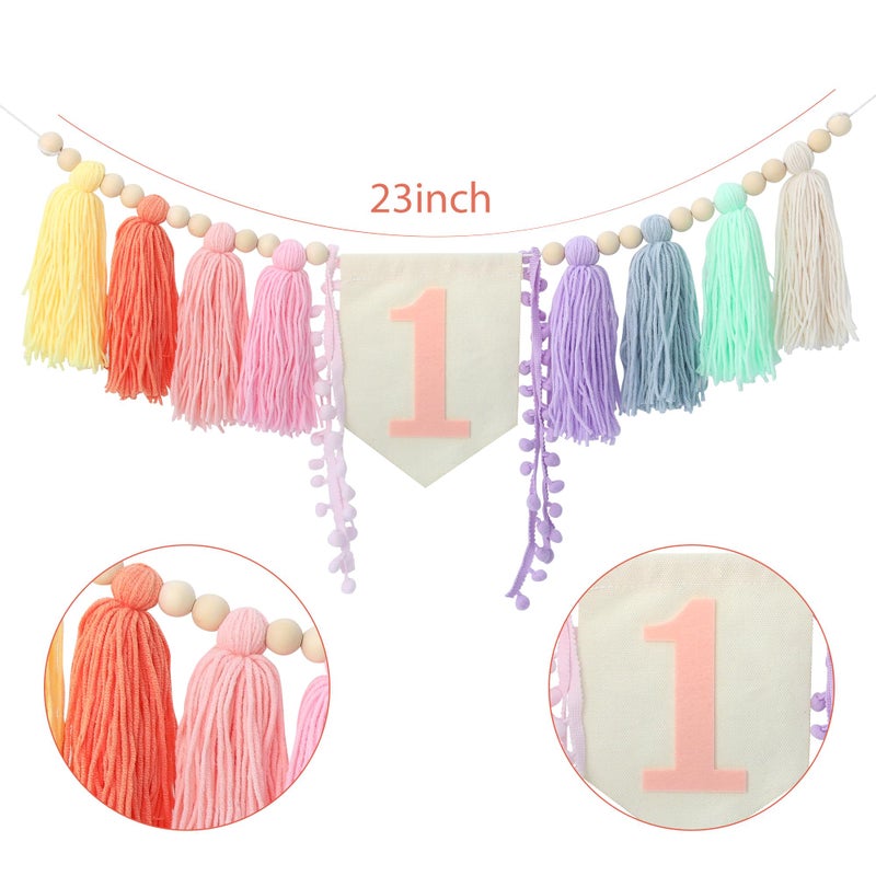 Ereniko Boho Macaron Handmade Extended 1st Birthday High Chair Banner Wild One First Highchair Banner for Baby Girls Wood Bead Tassel Garland 1 Birthday Party Decorations Photo Props 6 - Image 2