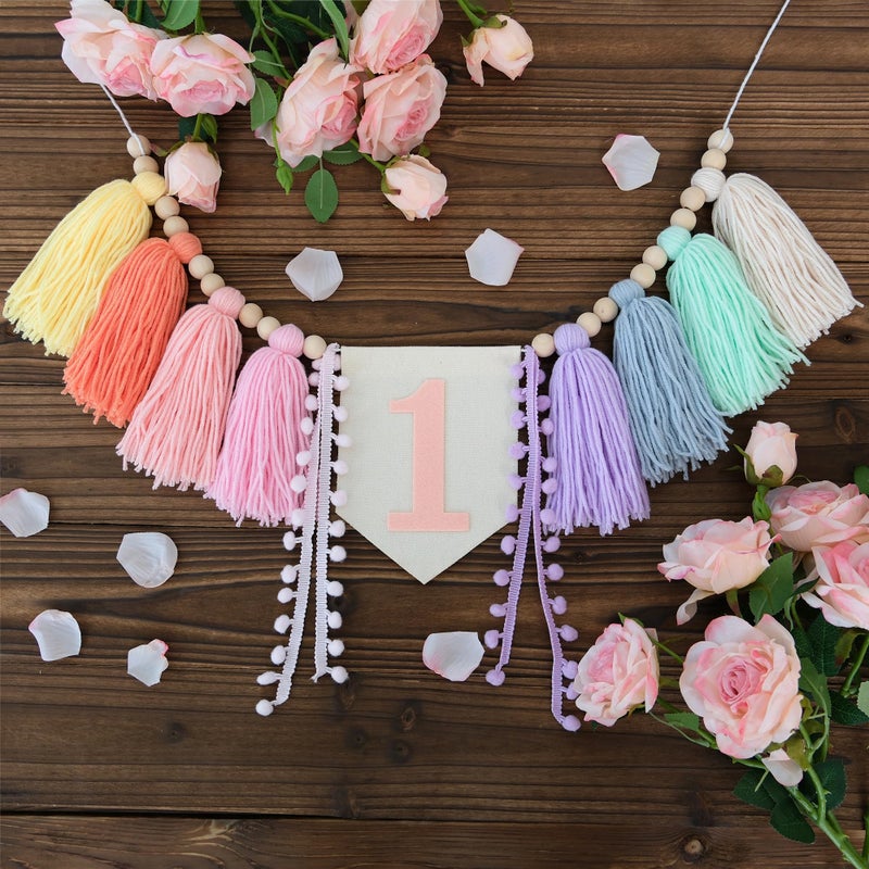 Ereniko Boho Macaron Handmade Extended 1st Birthday High Chair Banner Wild One First Highchair Banner for Baby Girls Wood Bead Tassel Garland 1 Birthday Party Decorations Photo Props 6 - Image 1