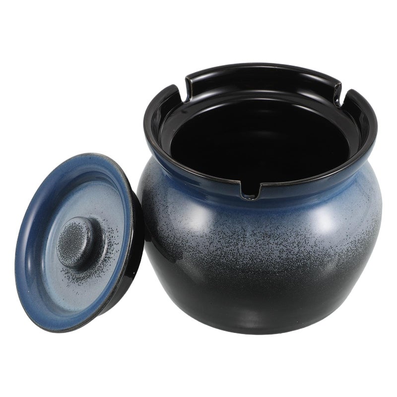 Gradient Blue Ceramic Ashtray with Lid Windproof Portable for Indoor Outdoor Patio - Image 2