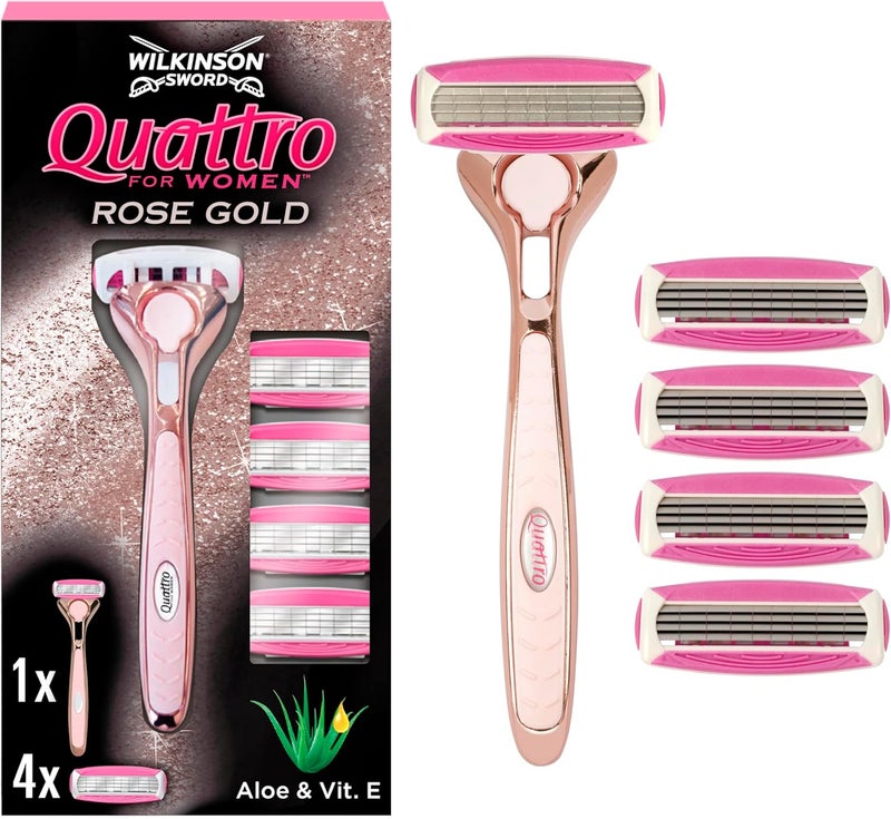 WILKINSON SWORD Quattro For Women Premium Metal Rose Gold Razor Handle 4 Blade Refills - Image 1