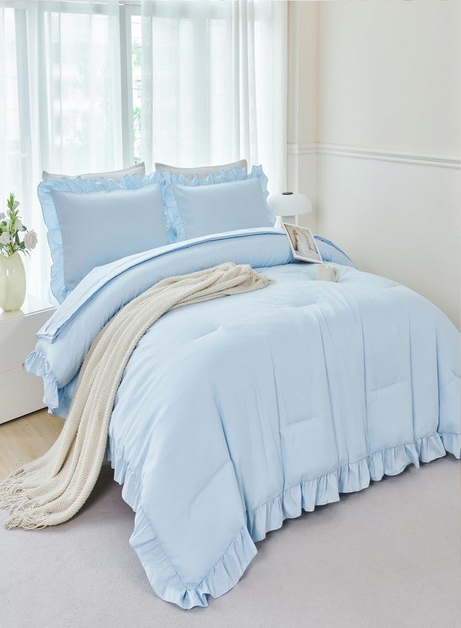 ANGIYUIN 5Pcs Queen Size Comforter Sets Light Blue Ruffle Bedding Sets Vintage Farmhouse Bed Sets Solid Elegance Boho Bed in A Bag for Girls Women（Light Blue Queen） - Image 3