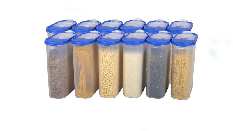 Cutting EDGE Flip-Top Modular Dispenser Containers Oval Set for Rice, Dal,Atta, Flour, Cereals, Pulses, Snacks, Stackable 2400 ML Set of 12 - Blue Lids (Free Plain Lids Extra for Each Container) - Image 1