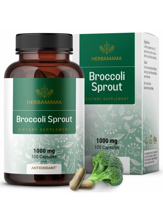 HERBAMAMA Broccoli Sprouts Capsules - Brain Support Sulforaphane Supplement - Broccoli Sprout Extract for Immunity & Cell Growth - Broccoli Supplement - Vegan Non-GMO 1000mg, 100 Caps
