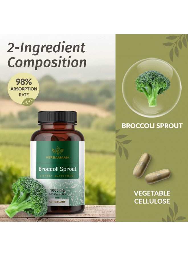 HERBAMAMA Broccoli Sprouts Capsules - Brain Support Sulforaphane Supplement - Broccoli Sprout Extract for Immunity & Cell Growth - Broccoli Supplement - Vegan Non-GMO 1000mg, 100 Caps