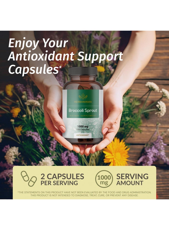 HERBAMAMA Broccoli Sprouts Capsules - Brain Support Sulforaphane Supplement - Broccoli Sprout Extract for Immunity & Cell Growth - Broccoli Supplement - Vegan Non-GMO 1000mg, 100 Caps