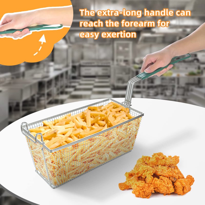Delizon Deep Fryer Basket with Front Hooks, Non-Slip Handle, 13.2" x 6.5" x 5.9" Basket, 11.2" Long Handle, Easy Installation - Image 2