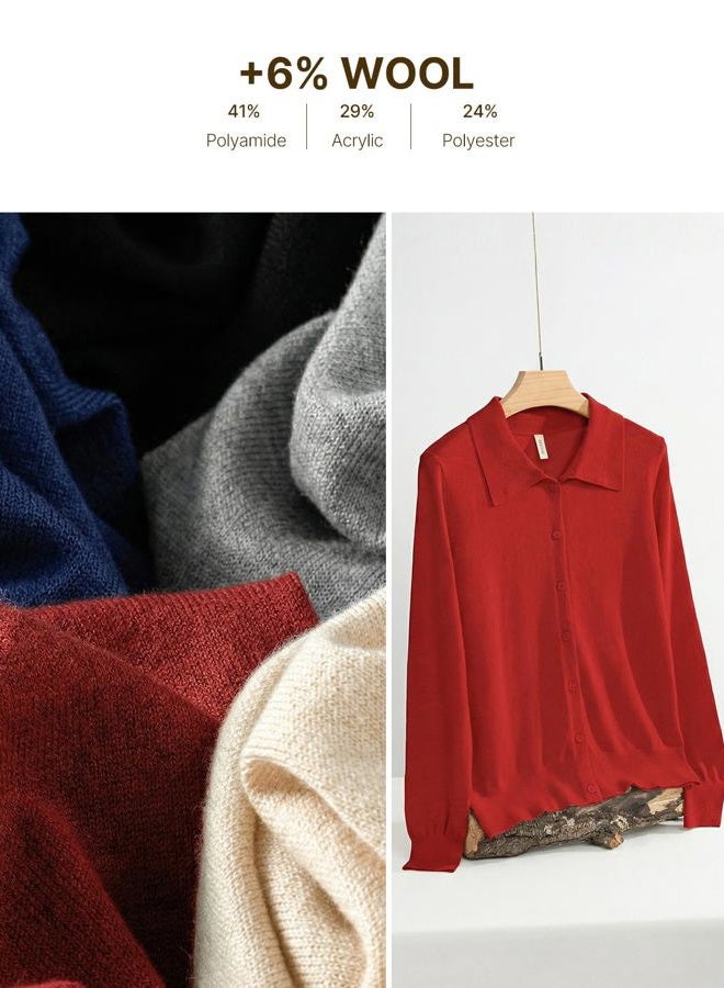 EVALESS Cardigan Sweaters for Women Wool Blend Lightweight Trendy Long Sleeve Lapel Collar Button Down Sweater Cardigans, Fiery Red, L - Image 5