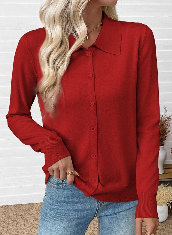 EVALESS Cardigan Sweaters for Women Wool Blend Lightweight Trendy Long Sleeve Lapel Collar Button Down Sweater Cardigans, Fiery Red, L - Image 3