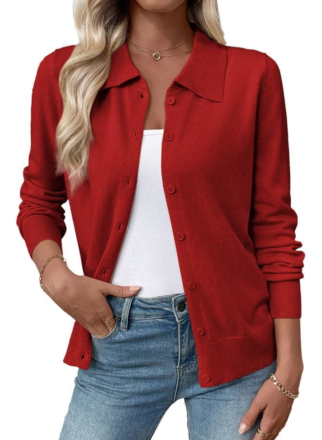 EVALESS Cardigan Sweaters for Women Wool Blend Lightweight Trendy Long Sleeve Lapel Collar Button Down Sweater Cardigans, Fiery Red, L - Image 1