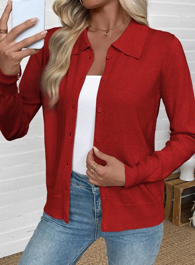 EVALESS Cardigan Sweaters for Women Wool Blend Lightweight Trendy Long Sleeve Lapel Collar Button Down Sweater Cardigans, Fiery Red, L - Image 2