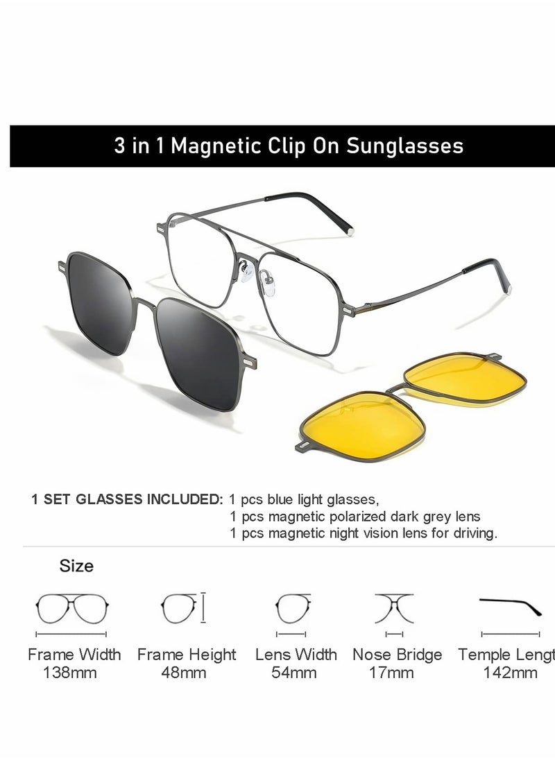 SYOSI - Magnetic Clip on Sunglasses for Men & Women Polarized UV Protection Retro Square Eyeglasses Fit Over Night Driving (3 PCS) - Image 1