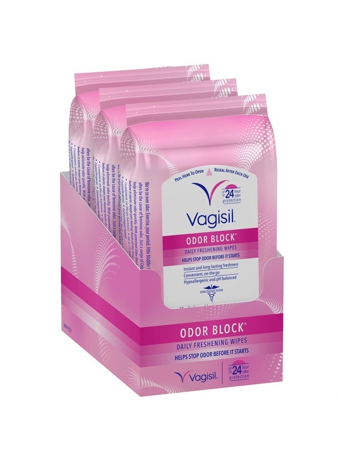 Vagisil Odor Block Daily Freshening Wipes for Feminine Hygiene in Resealable Pouch, Gynecologist Tested & Hypoallergenic, 20 Wipes (Pack of 3)  - Image 1
