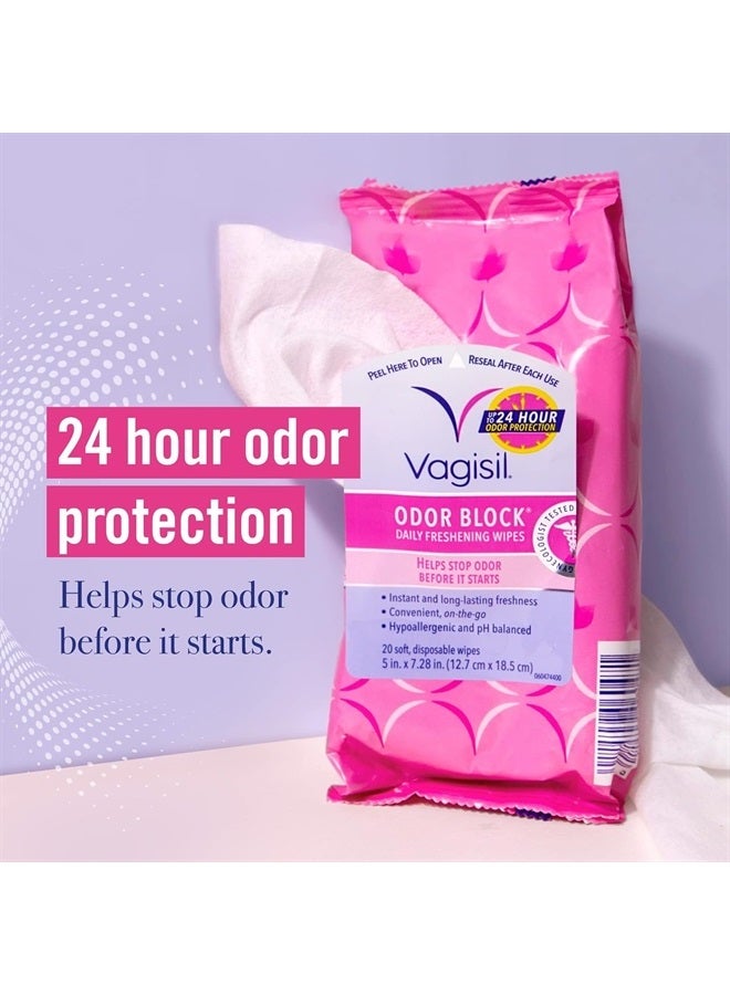 Vagisil Odor Block Daily Freshening Wipes for Feminine Hygiene in Resealable Pouch, Gynecologist Tested & Hypoallergenic, 20 Wipes (Pack of 3)  - Image 2
