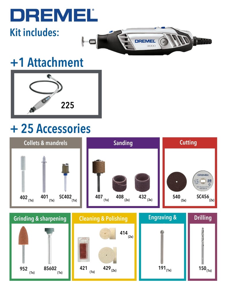 DREMEL Dremel 3000 (3000-1/25 Ez) Rotary Tool Kit With 1 Attachment 25 Acessories, Variable Speed 10000-33000 RPM For Cutting, Sanding, Drilling, Polishing, Carving, Sharpening, Engraving, Cleaning  - Image 2