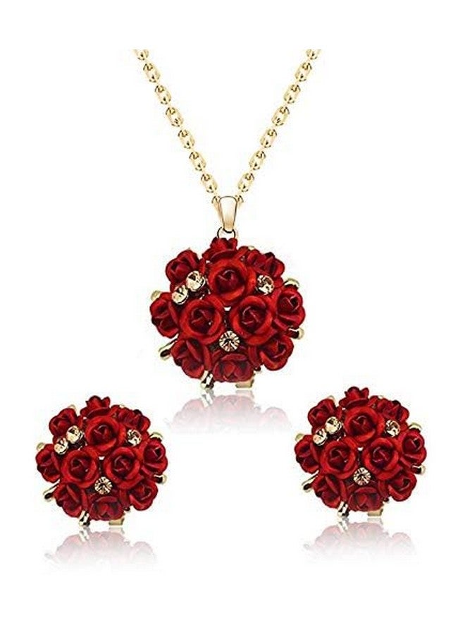 يو بيلا مجموعة مجوهرات YouBella Jewellery الأنيقة المطلية بالذهب والمزينة بنقشة الزهور مع أقراط وخاتم للنساء والفتيات (أحمر) - Image 2